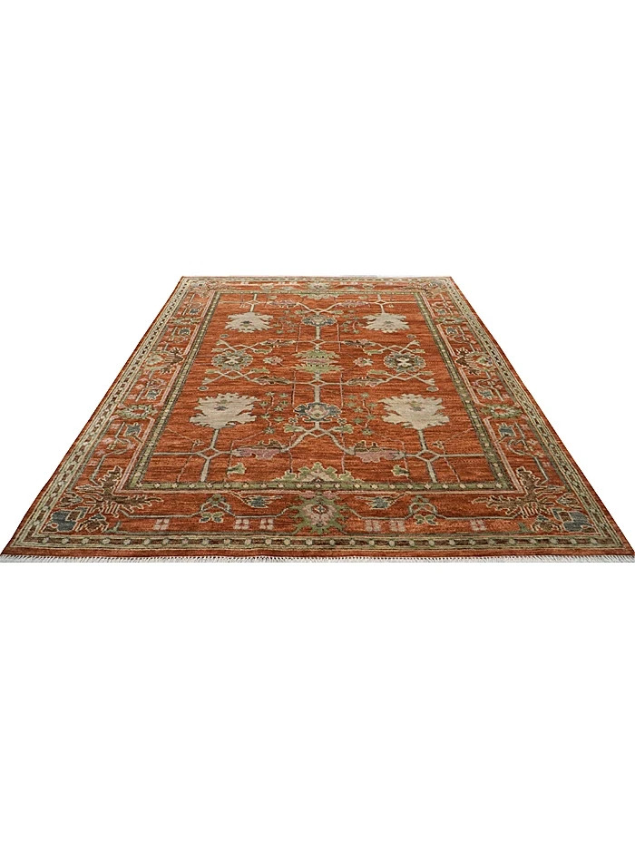 Hand Knotted Oushak Rug Rust Red Green Wool Area Carpet Turkish Vintage