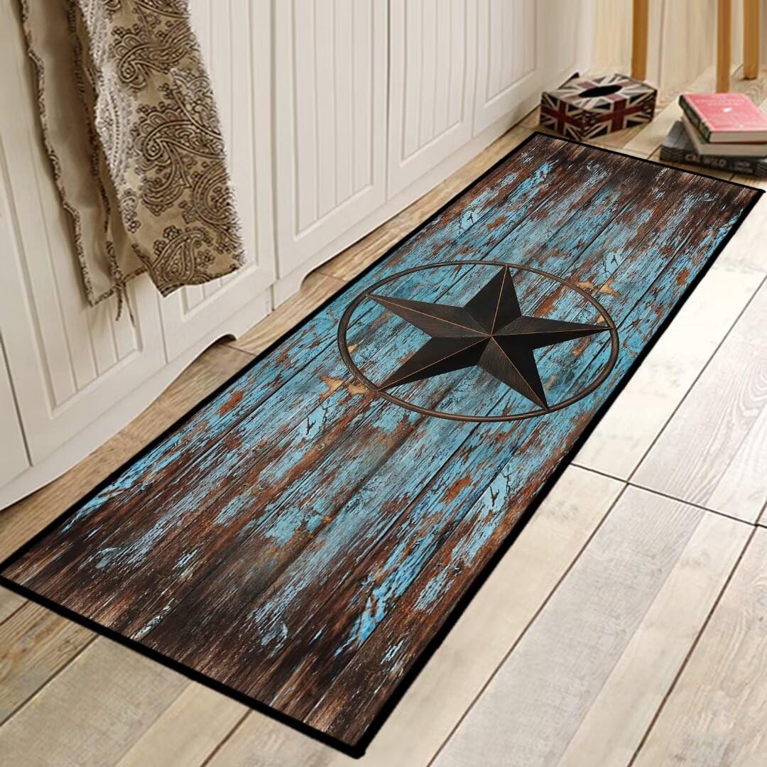 Western Hallway Runner Rug 2×6,Western Barn Texas Star on Old Wooden Plank,Ru…