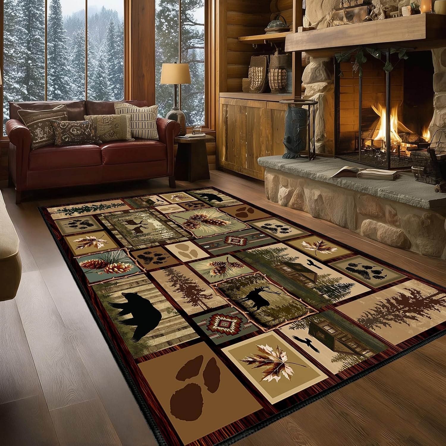 5×7 Cabin Rustic Area Rug Deer Bear Vintage Washable Non Slip Floor Carpet