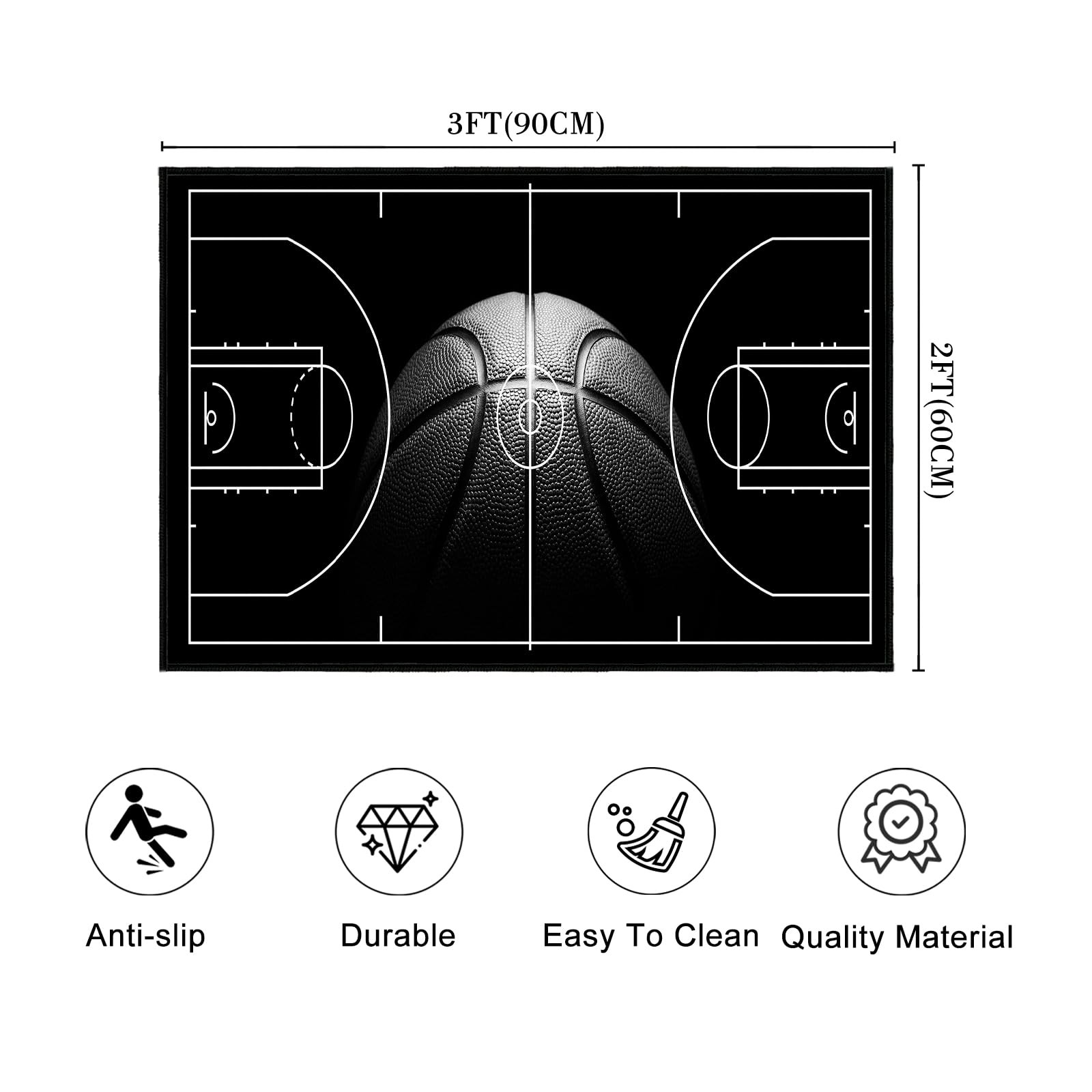 Basketball Court Area Rug 2×3 Ft Black Washable Non Slip Indoor Door Mat