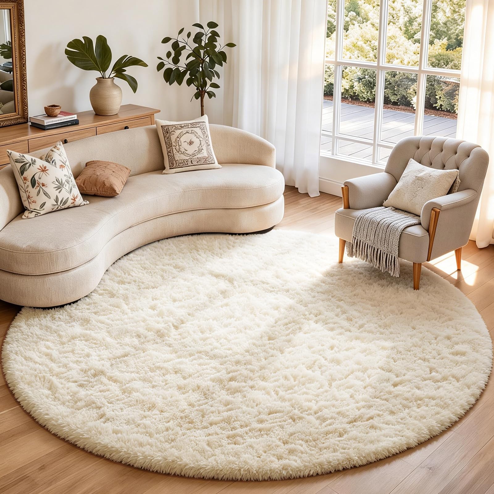 Round Rugs 7Ft Ivory Circle Area Rug Washable, Living Room Aesthetic Decor, F…