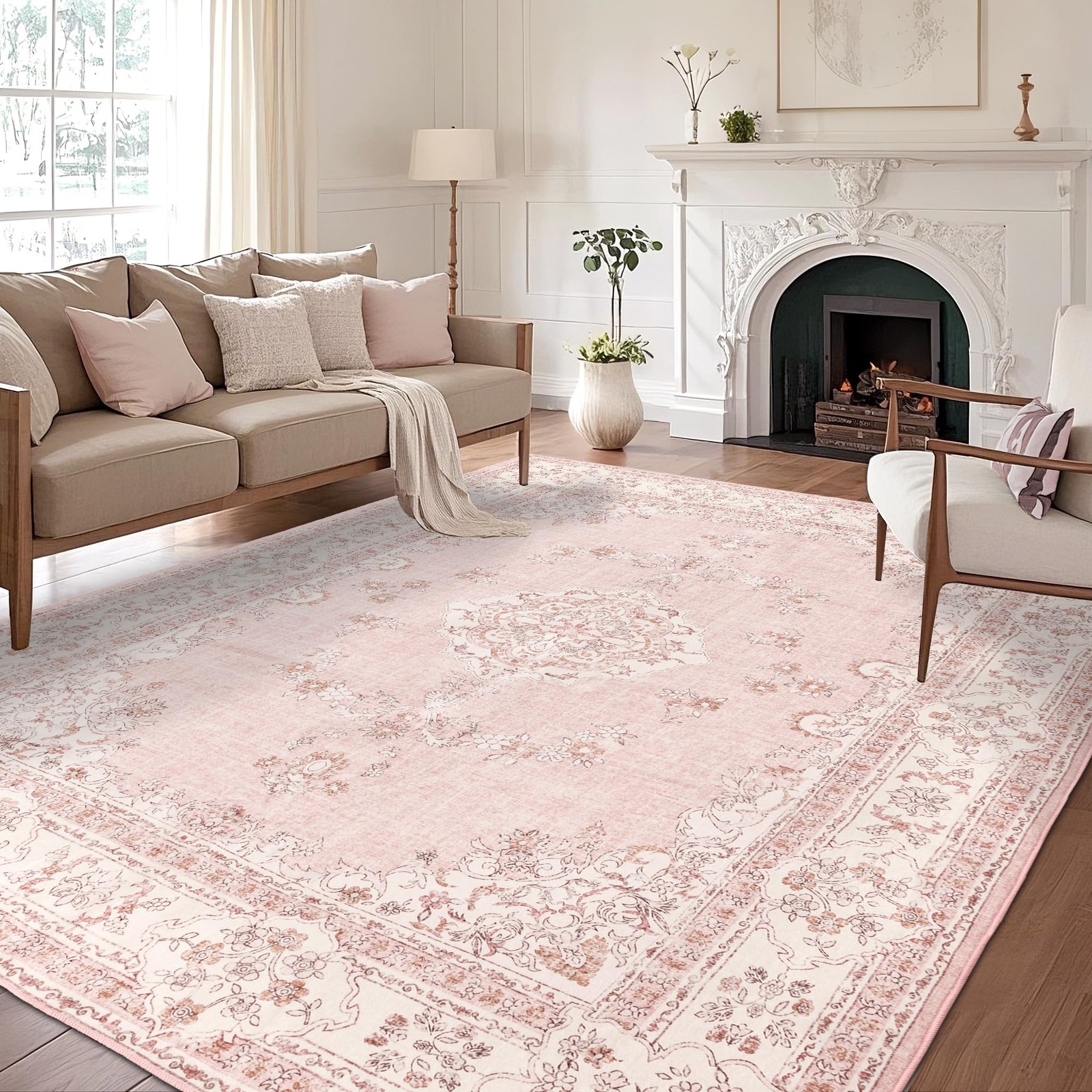 Brevonox 8×10 Area Rugs Washable: Oriental 8′ x 10′ (Rectangular), Soft Pink