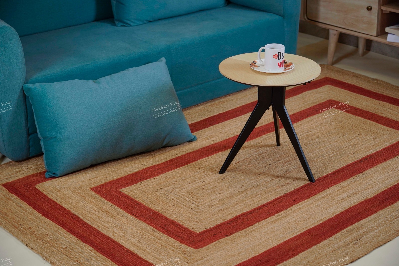 Handmade Natural with Red Double Border large Area Rug Vintage Floor Jute rug