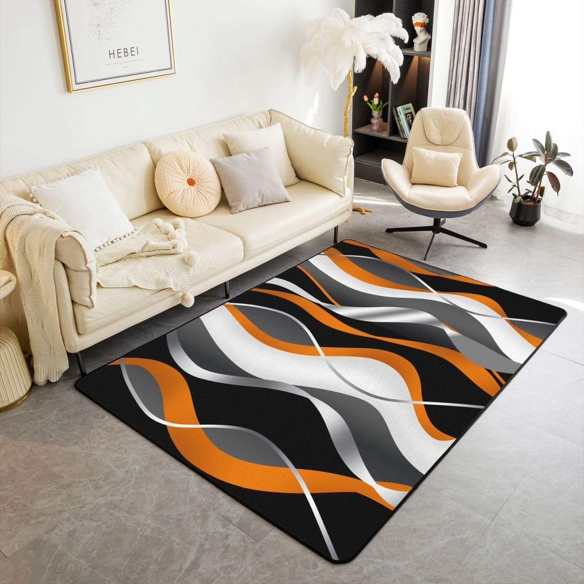 jejeloiu Orange Grey White Black Stripes Area Rug 3’x5′ Geometric Non-Slip