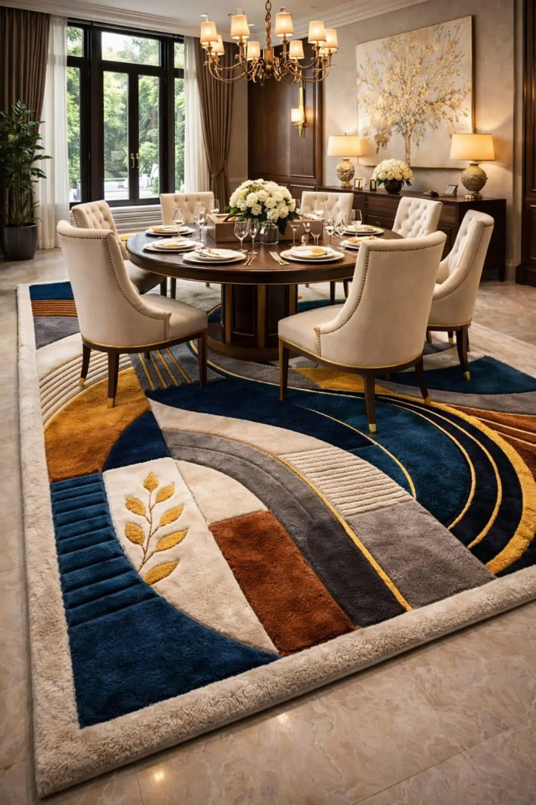 Hand Tufted Wool Rug, Round Abstract Geometric Area Carpet, Thick Plush Luxury