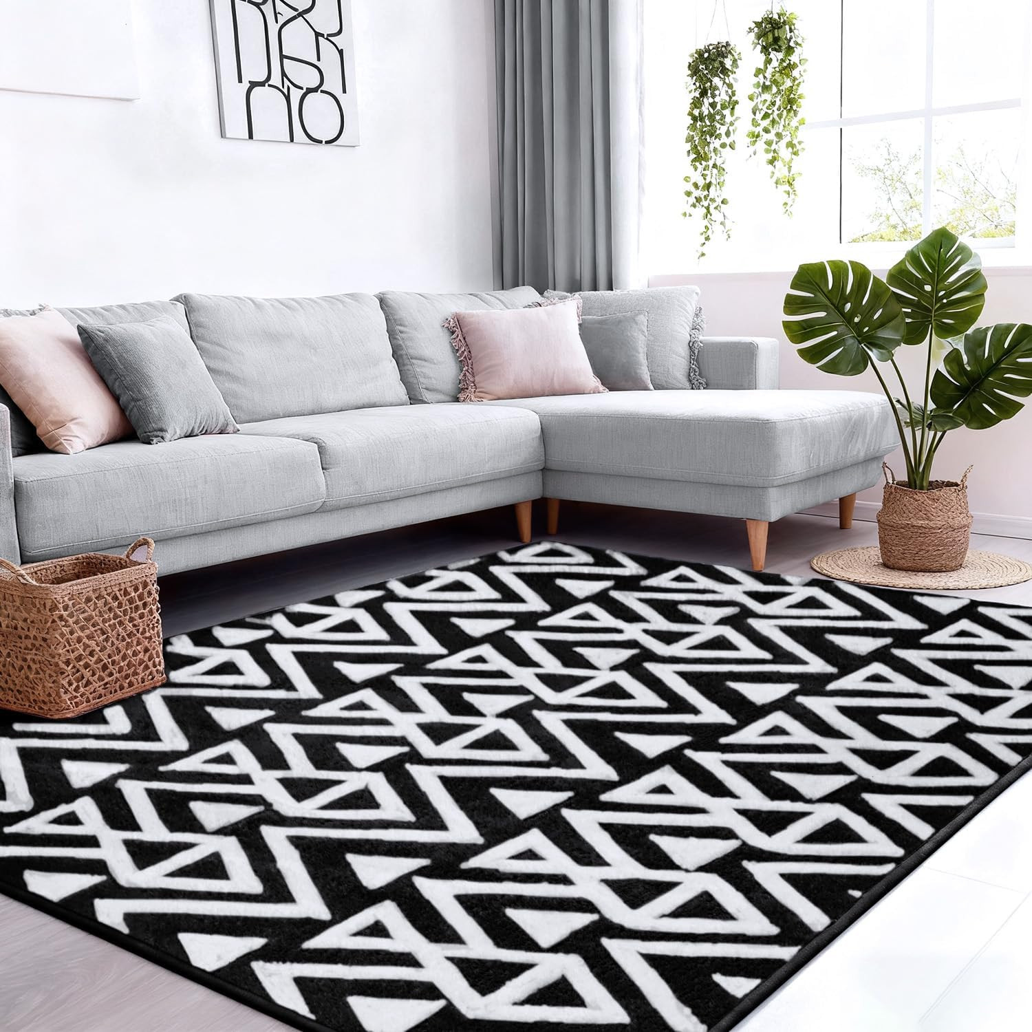 Cozy Black Geometric Memory Foam Rug 5×8 for Bedroom & Living Room Decor