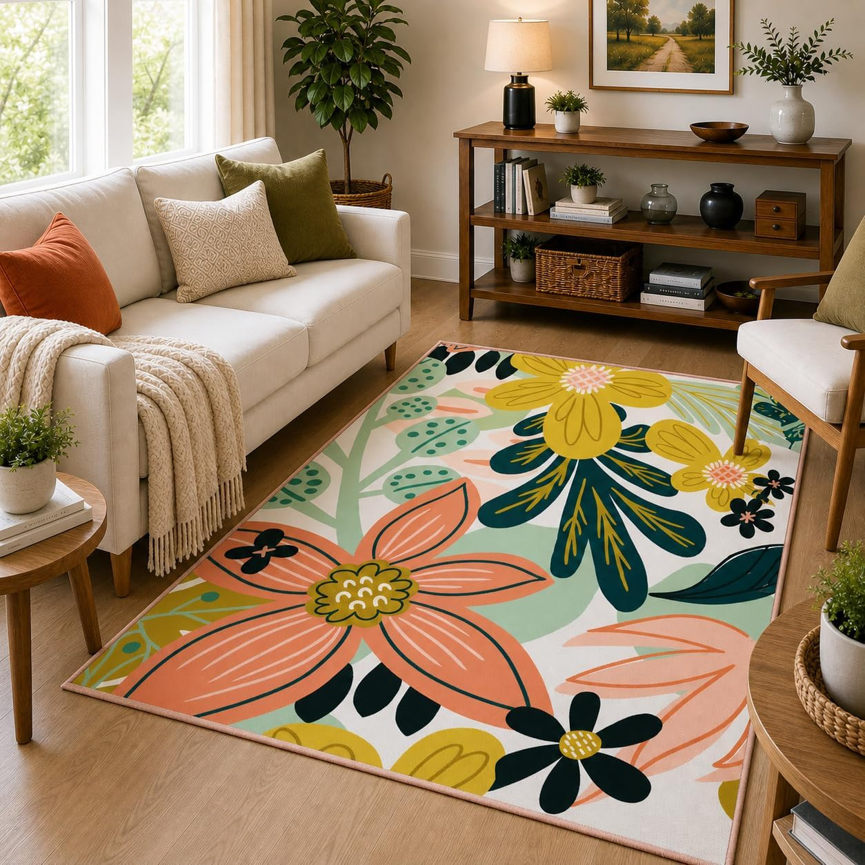 Boho Floral 3X5 Washable Area Rug Flat Woven Ultra-Thin Low Pile Rug Non Slip In