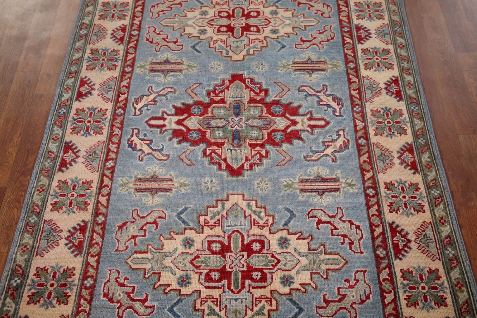 Vibrant Color Geometric Kazak Pakistani Traditional Rug Blue/ Ivory 4×6 ft