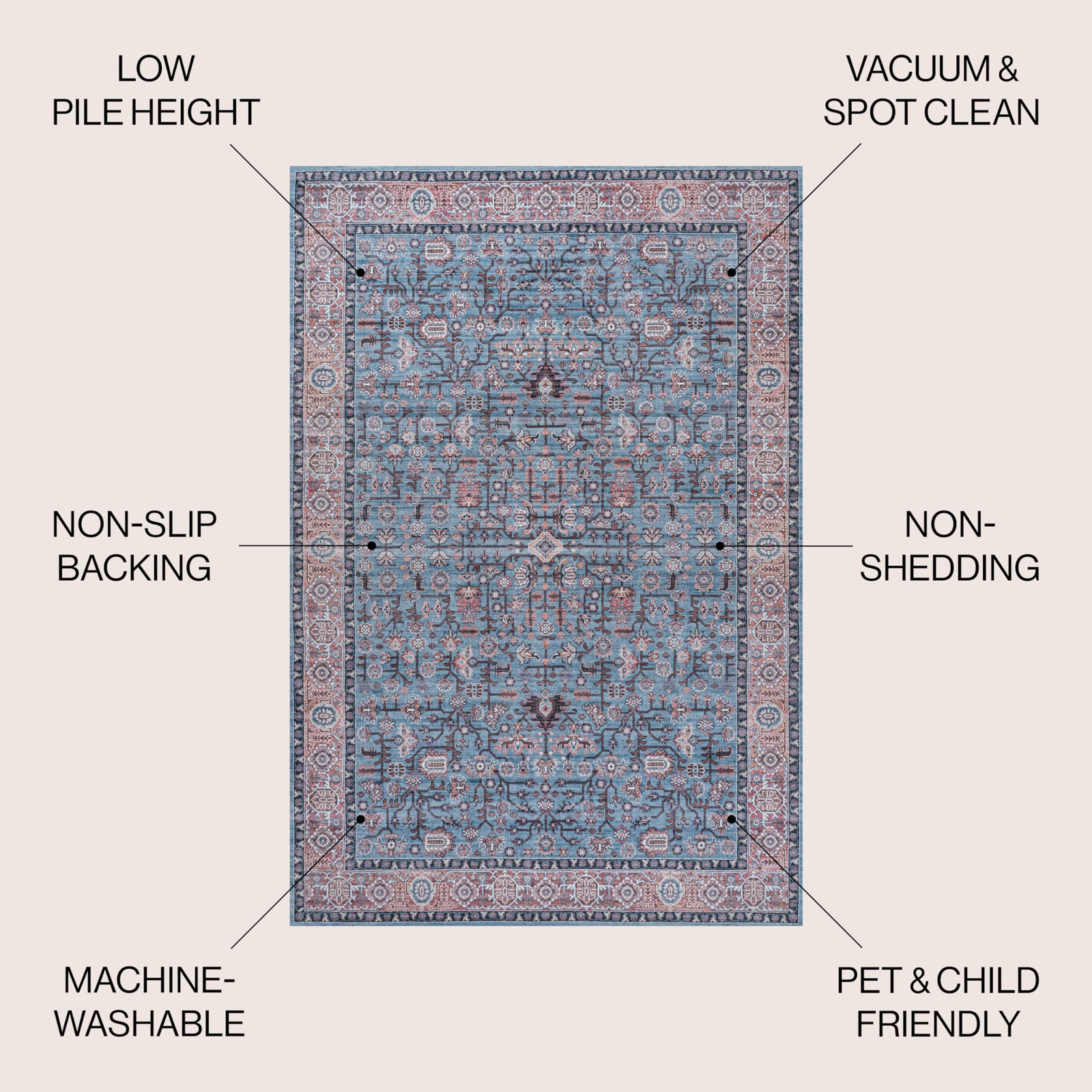 JONATHAN Y WSH104B-3 Blue/Red/Brown Indoor Area Rug 3X5 ft Machine Washable