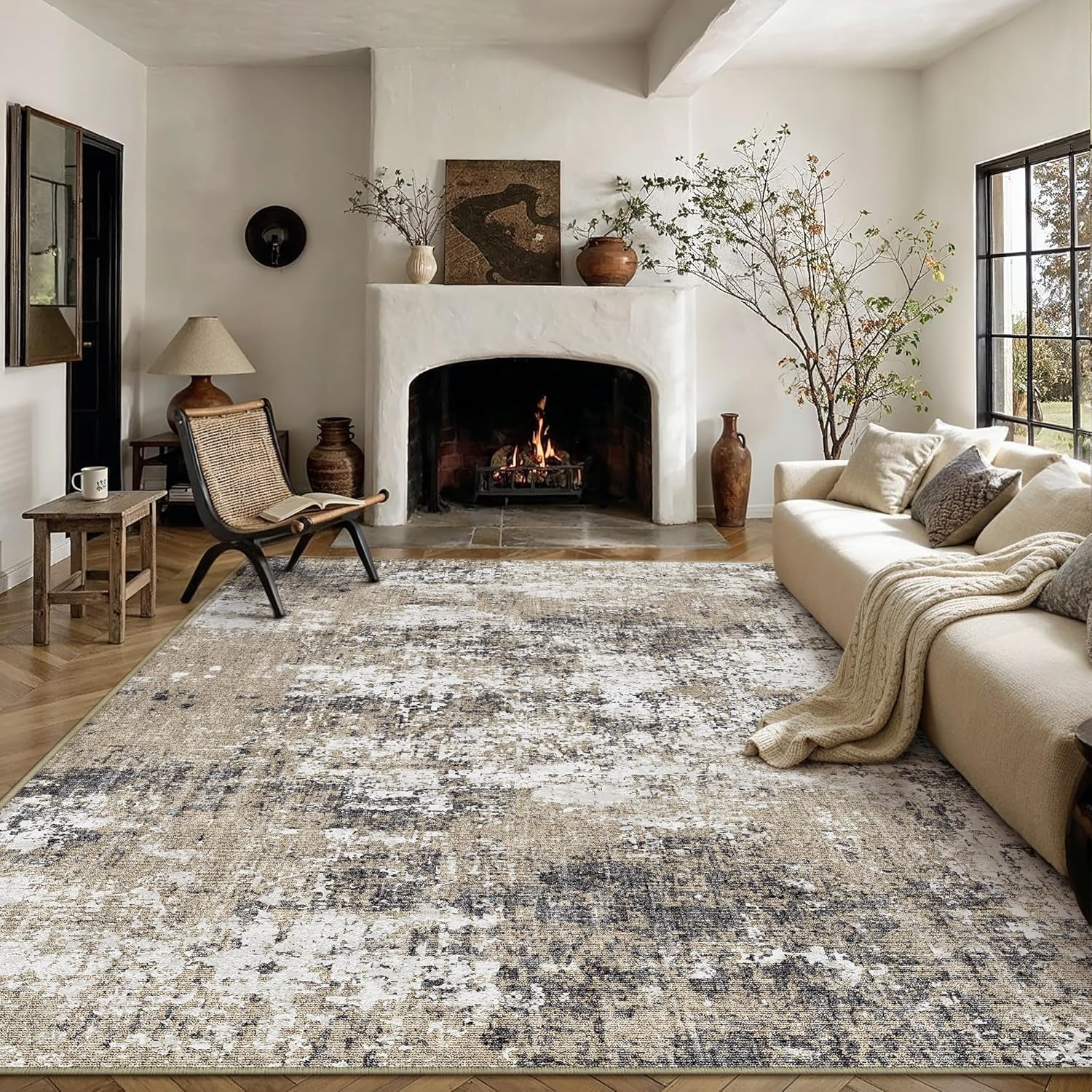 8X10 Abstract Area Rug Brown Washable Modern Neutral Living Room Carpet Non Slip