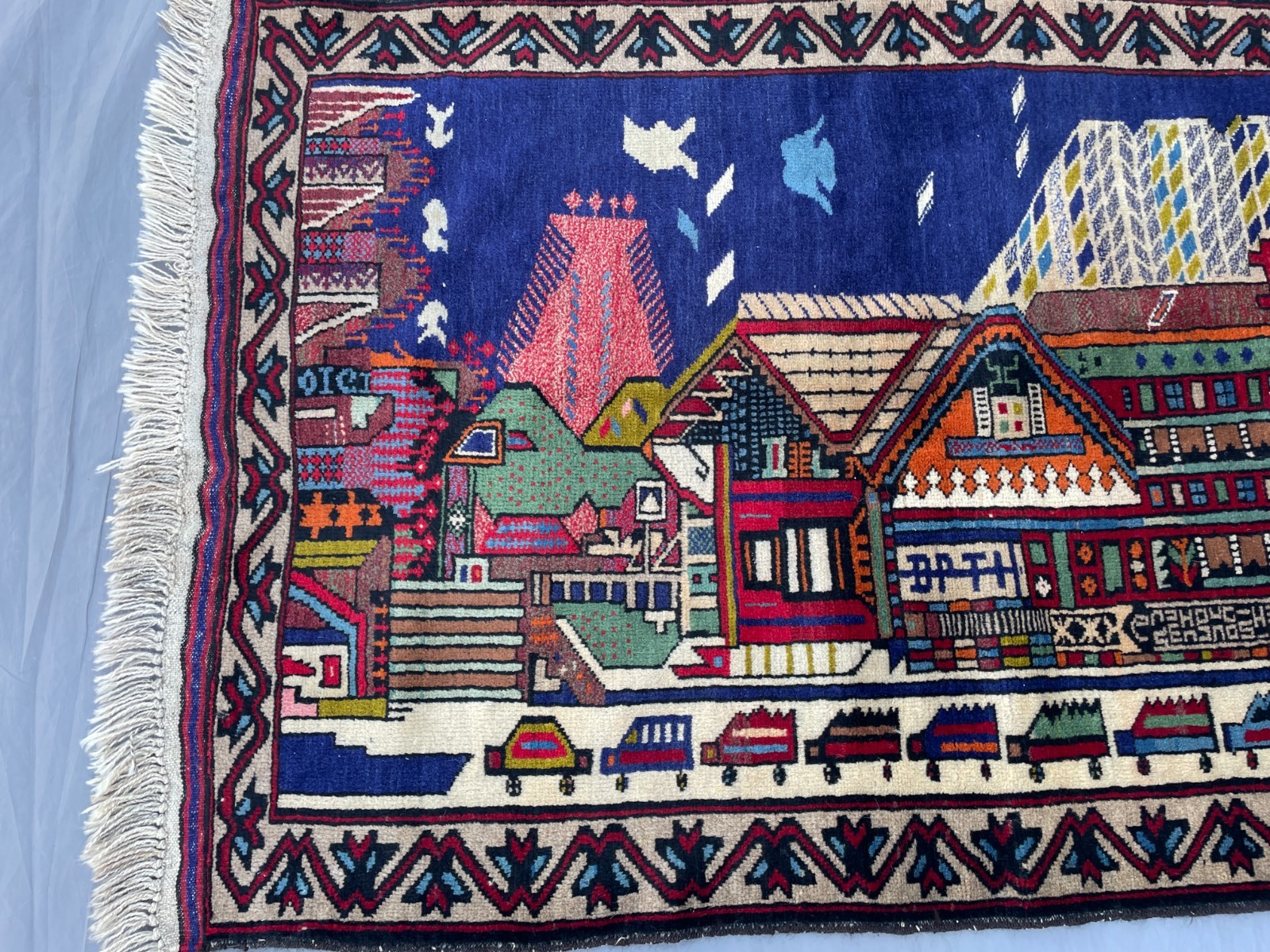 2×4 Pictorial Afghan Wool Rug with Colorful Village Houses Cars and Mountain