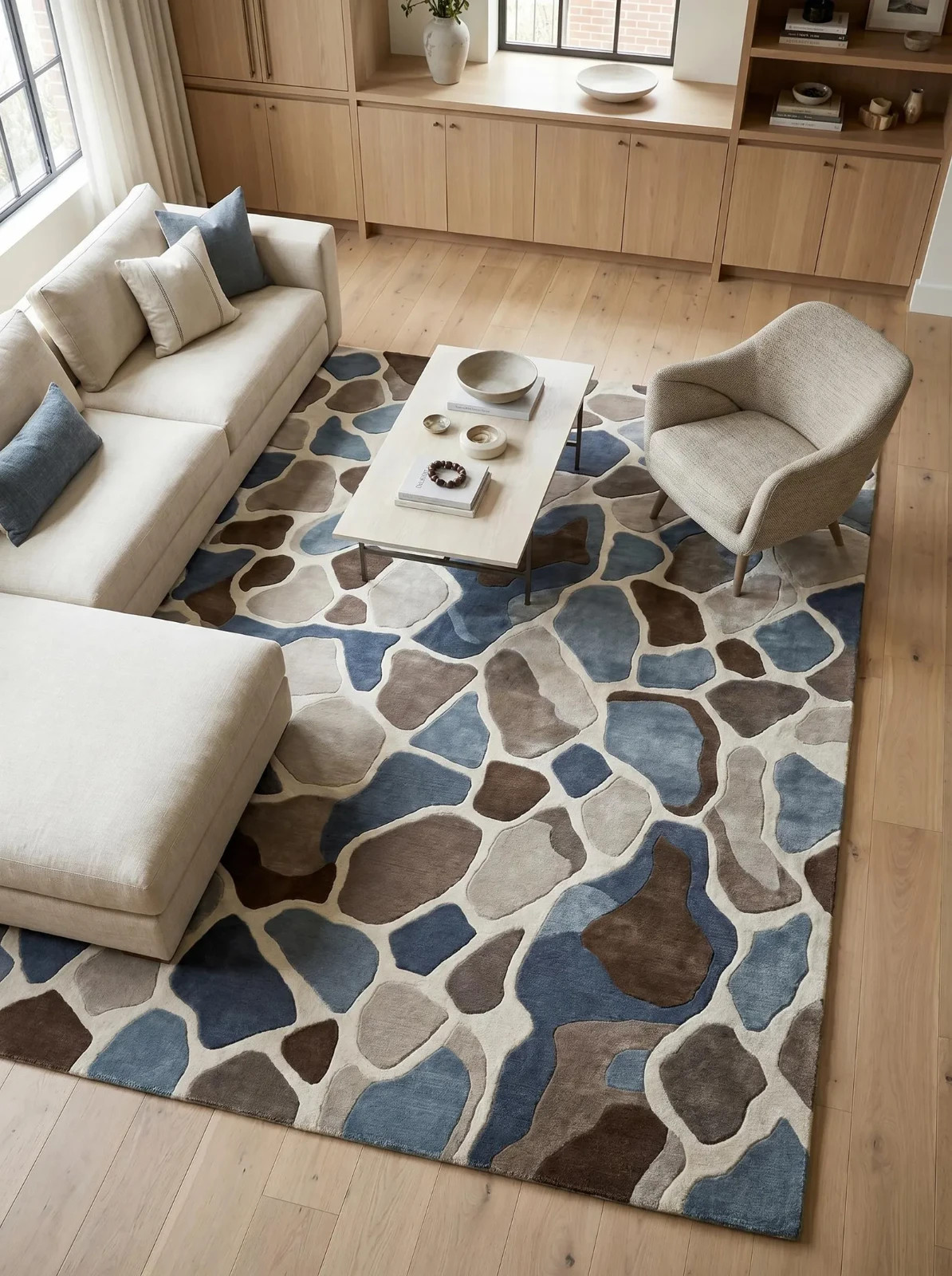 Modern Abstract Pebble Wool Rug Blue Brown Geometric Hand Tufted Living Room Rug