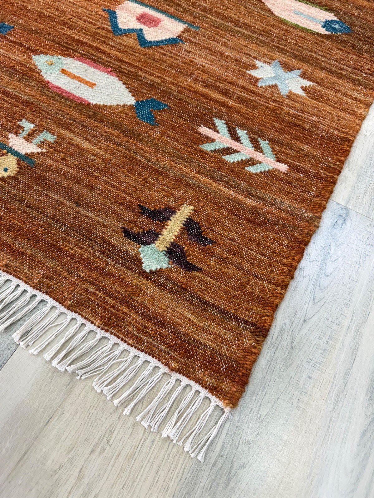 Sienna Hand Woven Wool Rug 4×6 Flatweave Scandinavian Folk Art Kilim for Kids