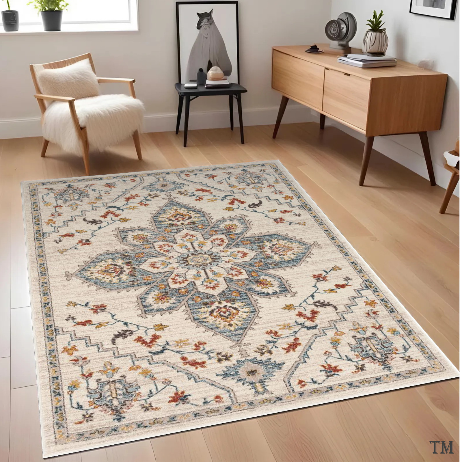 Vintage Medallion Area Rug Beige Blue Floral Living Room Carpet
