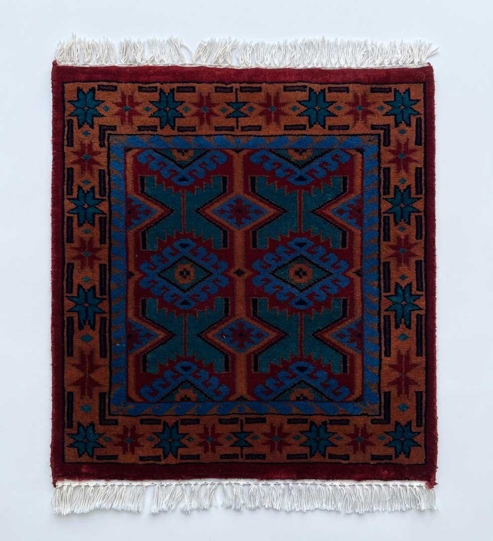 Hand Knotted Woolen Rug 2×2 ft (60 x 60 cm), Maroon, Tribal Kangura