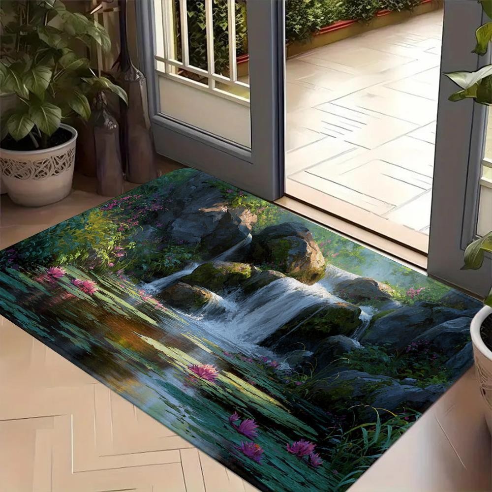 1pc Modern Style Rug Carpet Doormat Serene Waterfall Cascades Over Moss-Covered♮