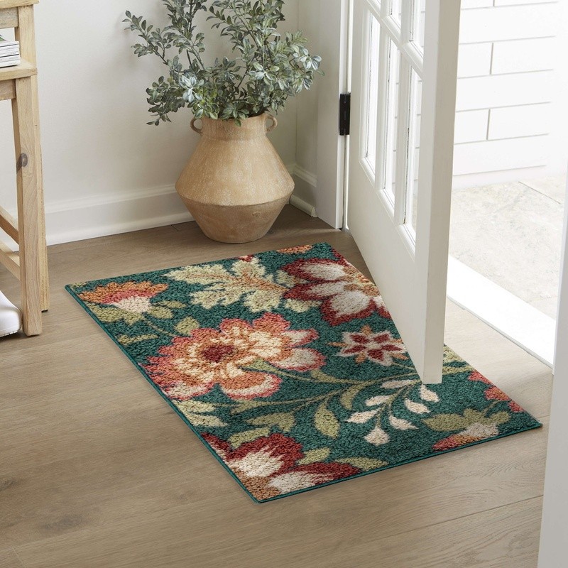 Floral Teal Accent Rug Indoor Stain Fade Resistant Machine Washable Oversized US