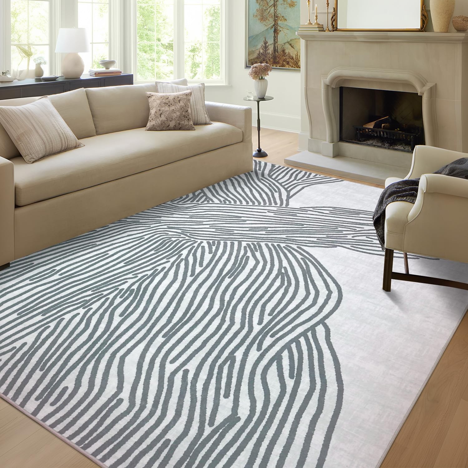 YIHOUSE Grey Rug for Living Room, 5×7 Modern Abstract Area Rug, Geometric Contem