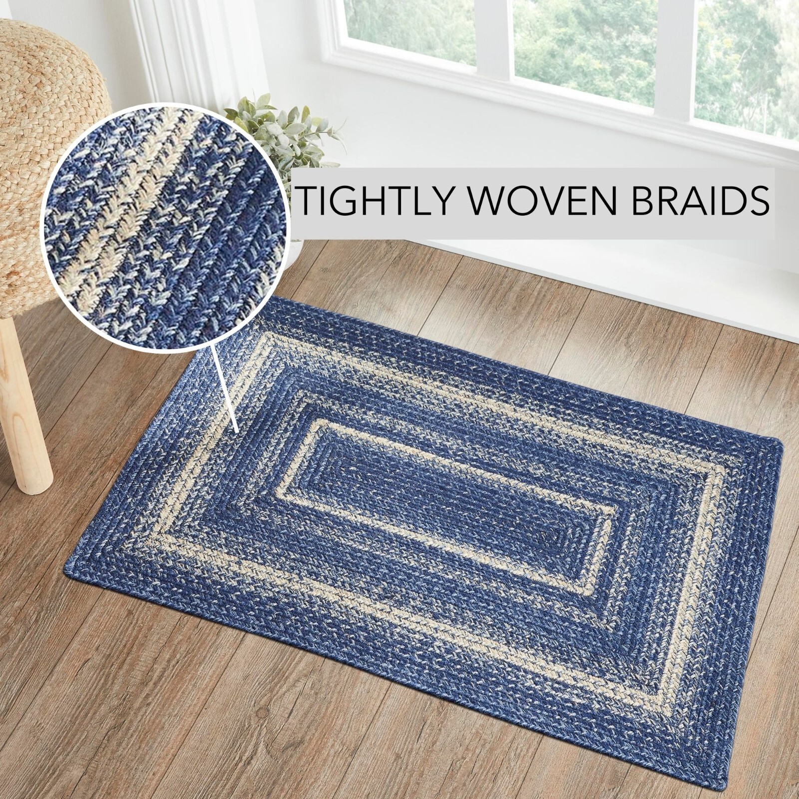 Great Falls Jute Rug Rectangle 24×36 Primitive Country Blue Indigo Creme VHC