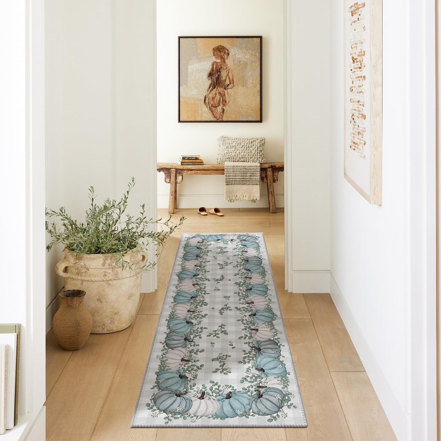 Blue Pumpkins Eucalyptus Leaves Fall Area Rug 2×6 Feet – Autumn Home Decor