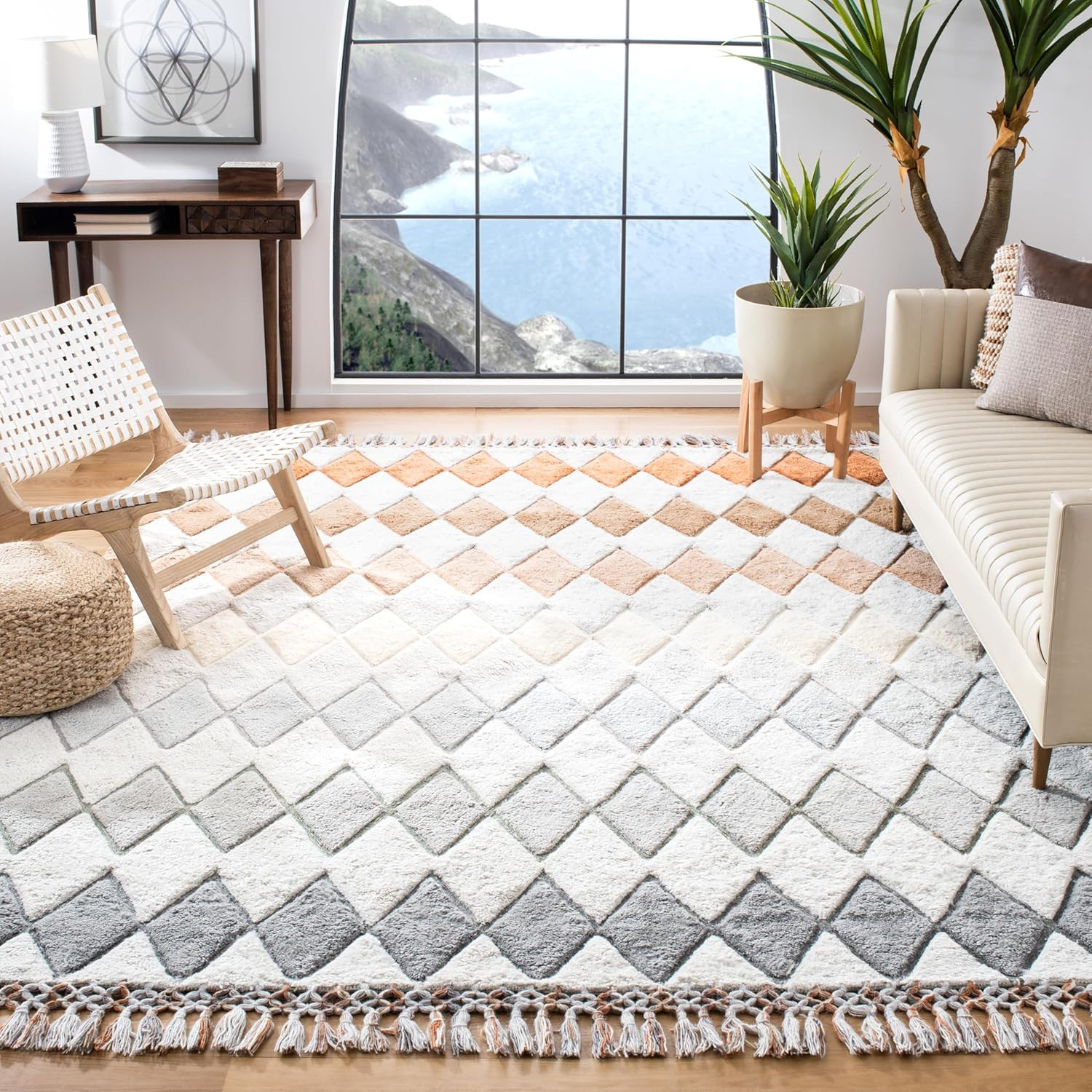 Handmade 8×10 Area Rug – Sahara Collection, Grey & Charcoal Boho Tassel