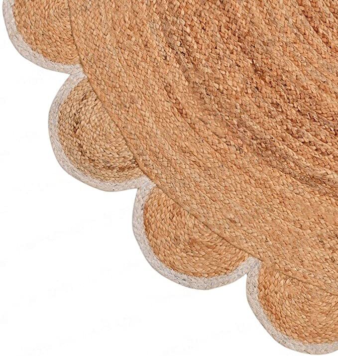 Rug Round in Jute Latest Design Handmade Jute Area Rug Beige with White Scallop