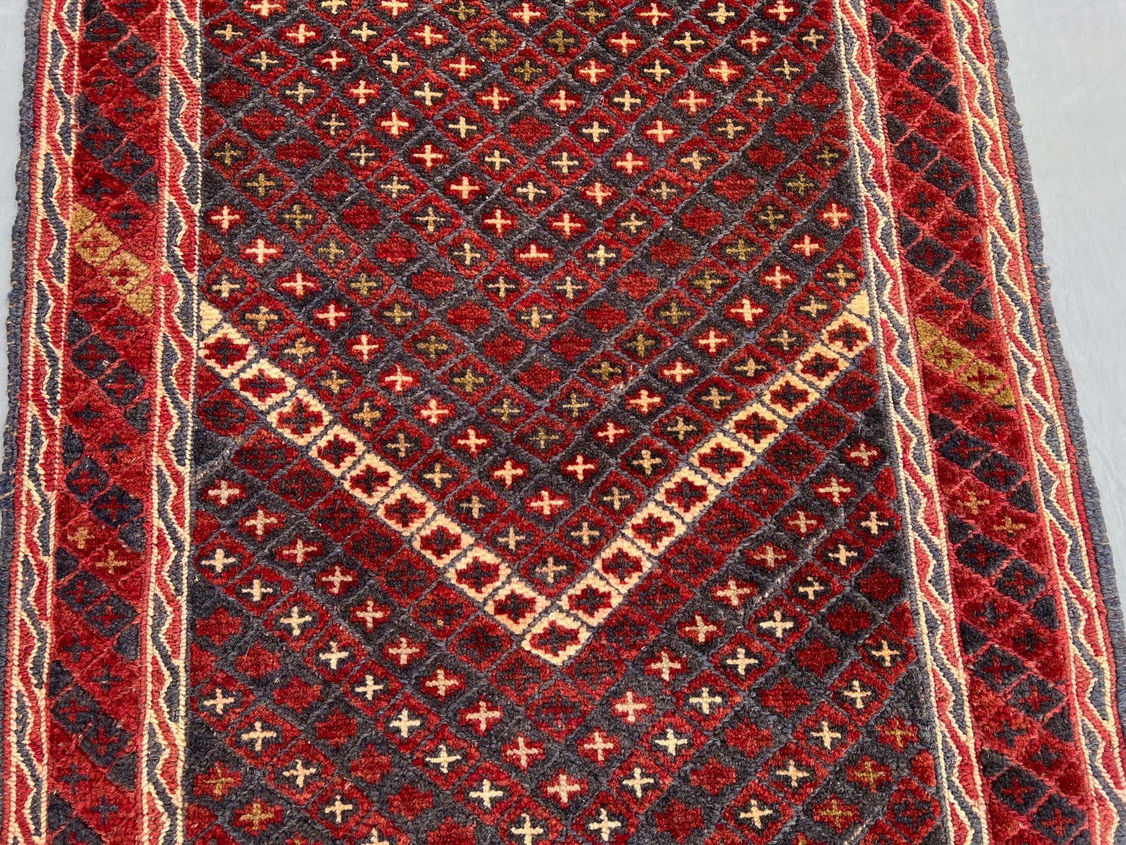 2’1 x 9’2 Ft Classic Afghan Mishwani Runner Rug – Deep Red Geometric Pattern Rug