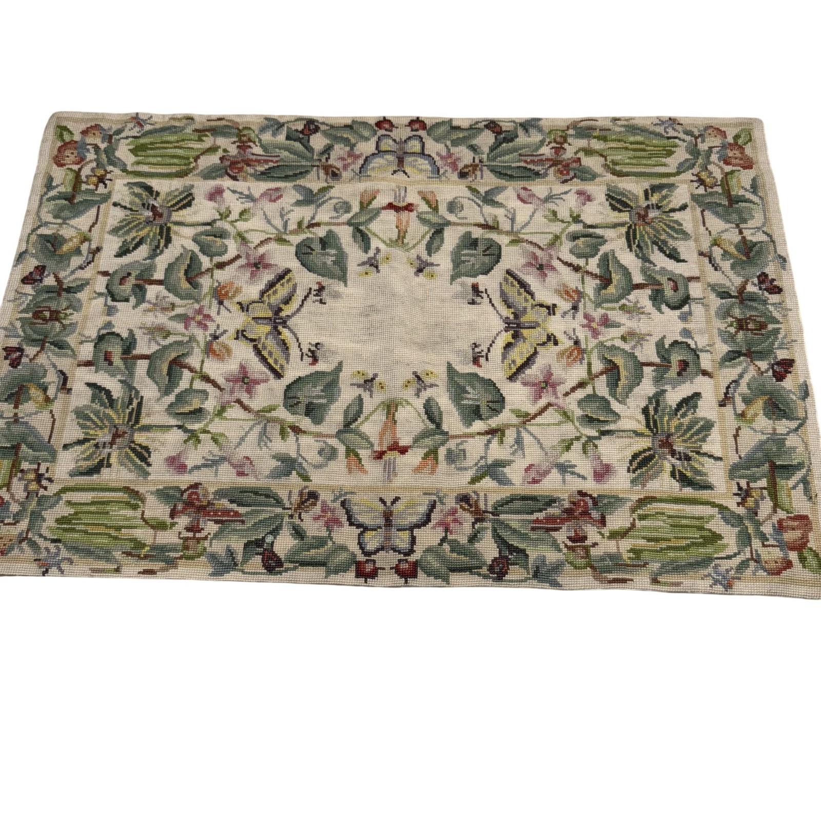 Needlepoint Hand Embroidered Aubusson Style Tapestry Rug Green Botanical Print 3