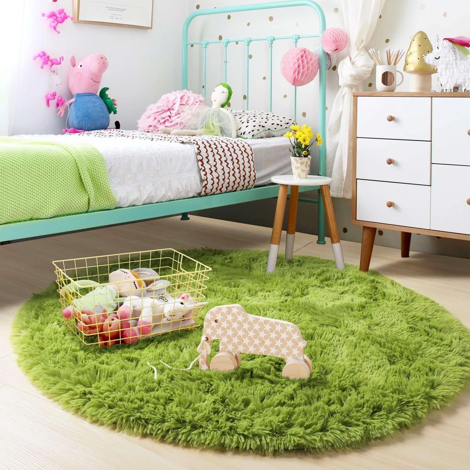 Grass Green Round Rug for Bedroom,Fluffy Circle Rug 5’X5′ for Kids Room,Furry…