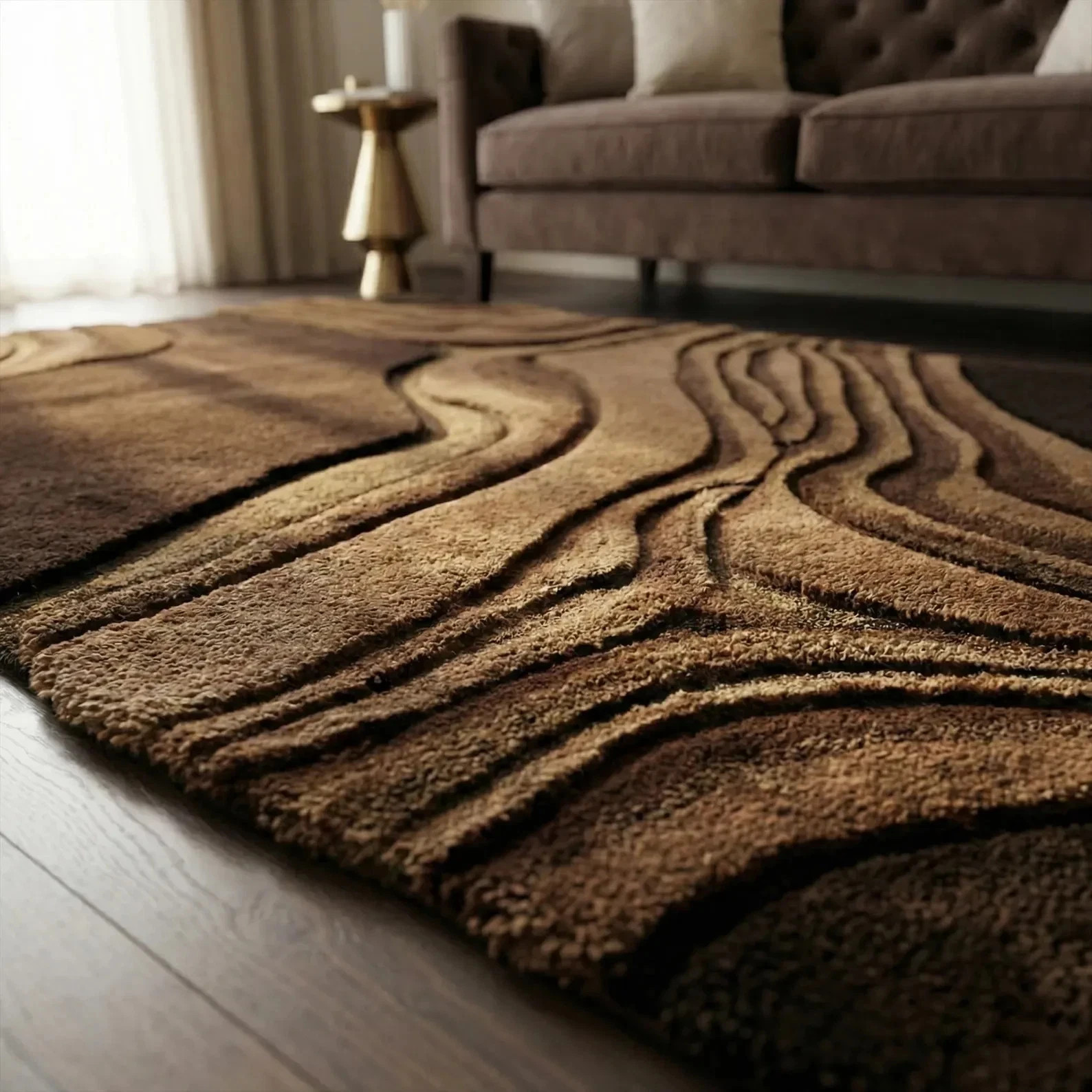 Brown Abstract Wool Rug, Hand Tufted Wave Layered Rugs for Living Room rug etc..