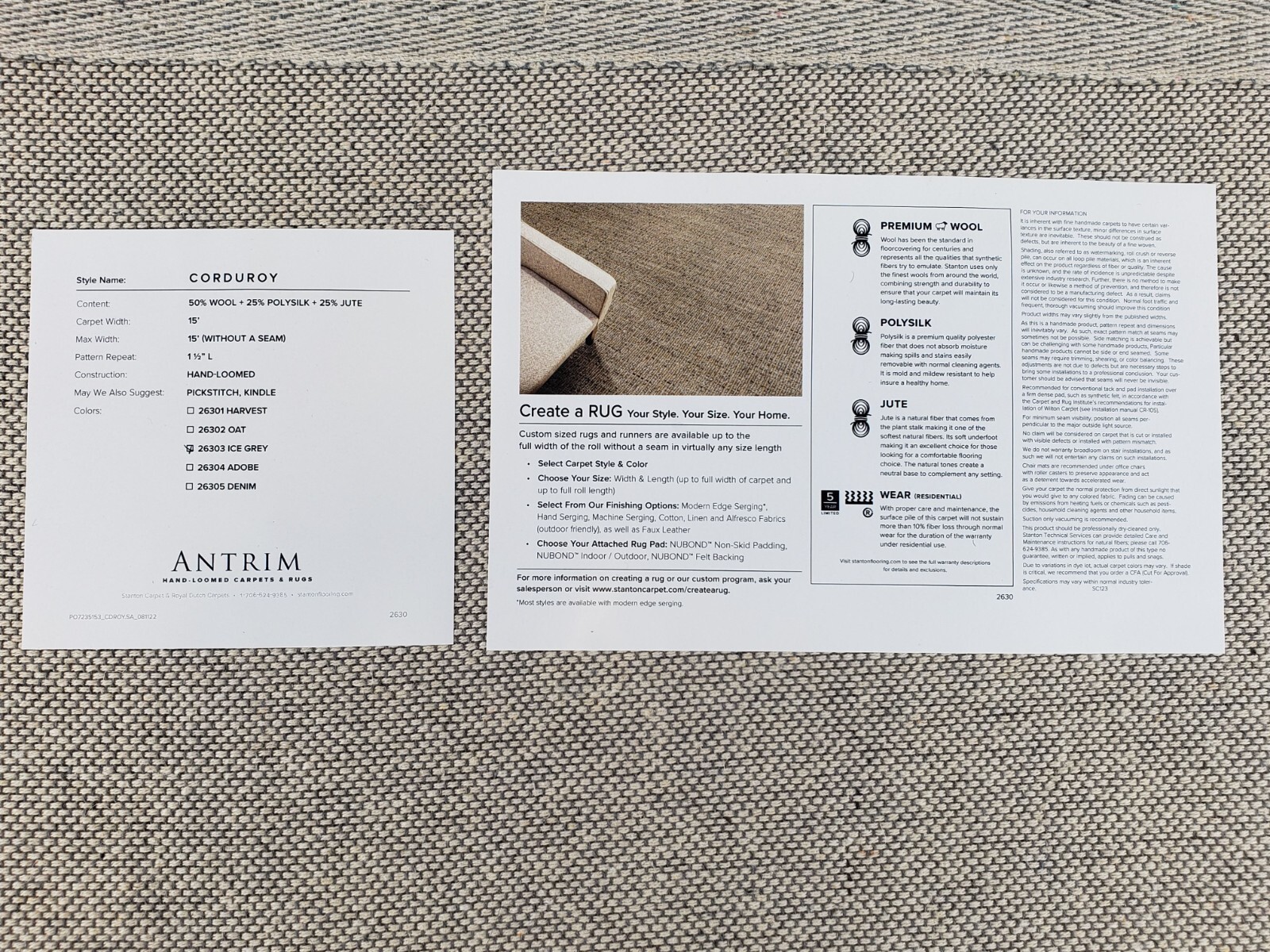 Stanton Antrim Ice Grey Corduroy Hand Loomed Rectangle Carpet Area Rug 27″ X 15″