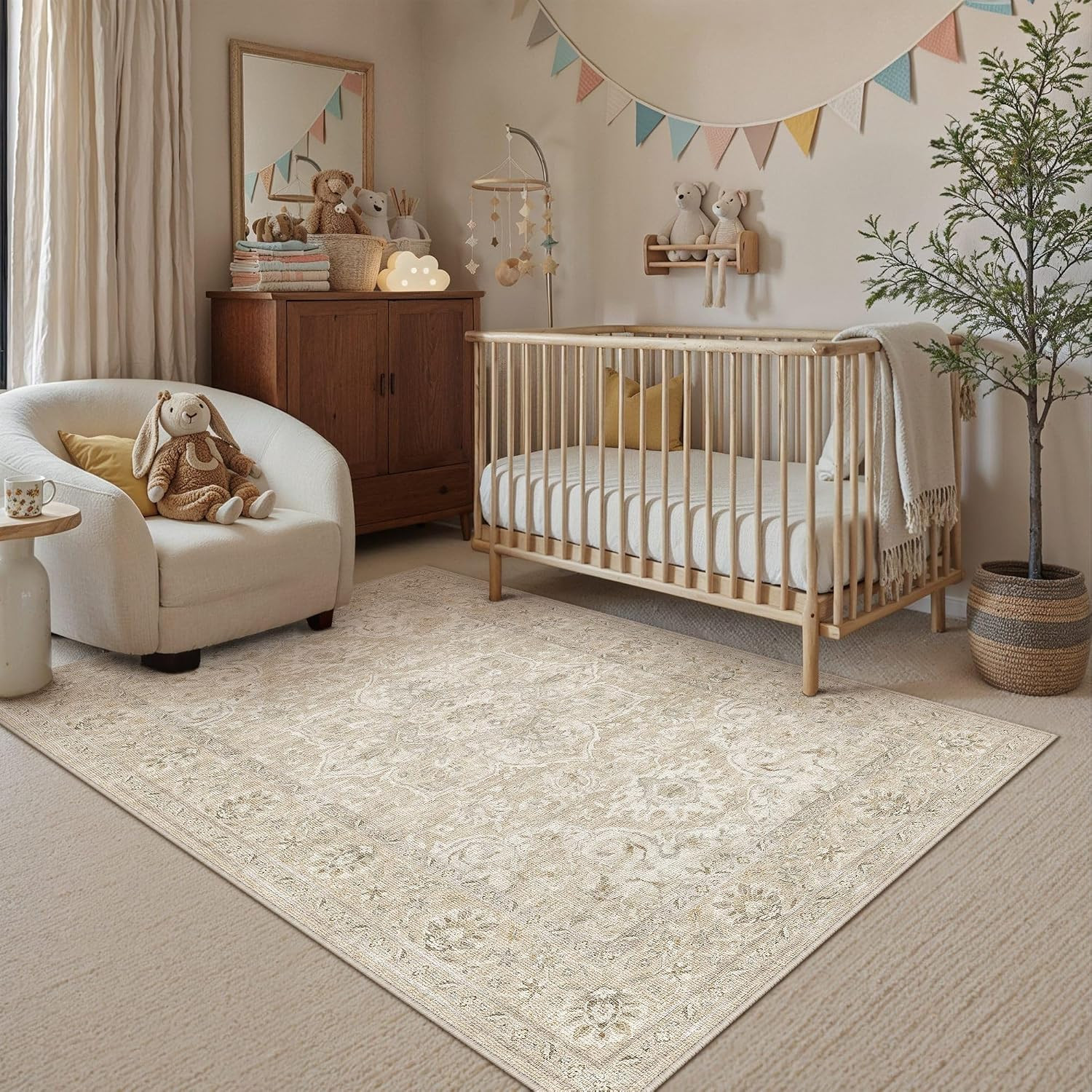 3X5 Washable Area Rugs for Living Room Bedroom Beige Vintage Large Soft Carpet R
