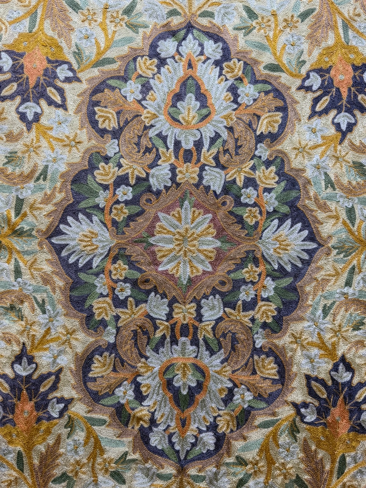Vintage Beautiful Hand Silk Embroidered Kashmiri Chain Stitch Rug 140×86 Cm