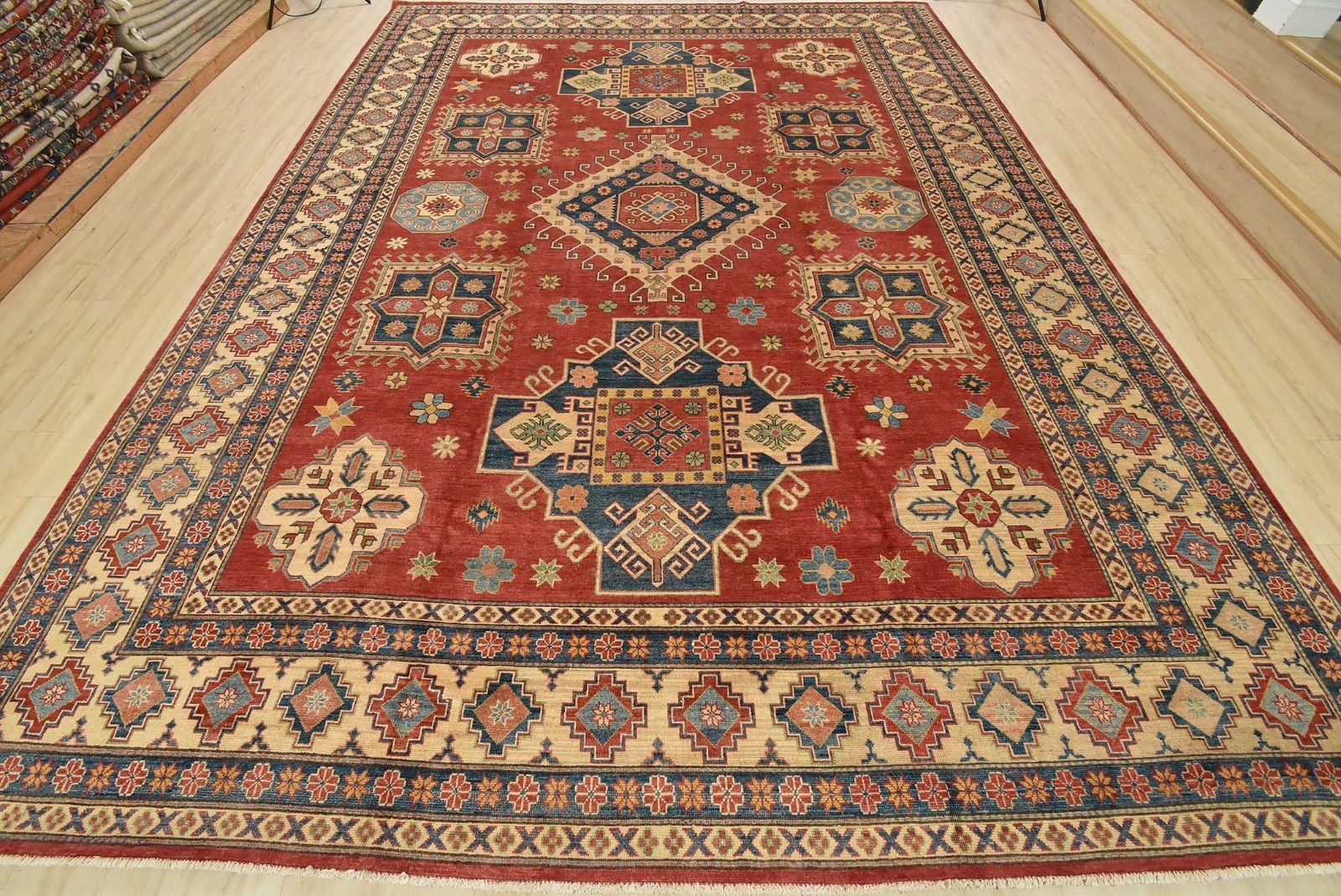 Kazak Rug 11′ x 14’9” Red Wool Tribal Geometric Hand-Knotted Oriental Carpet