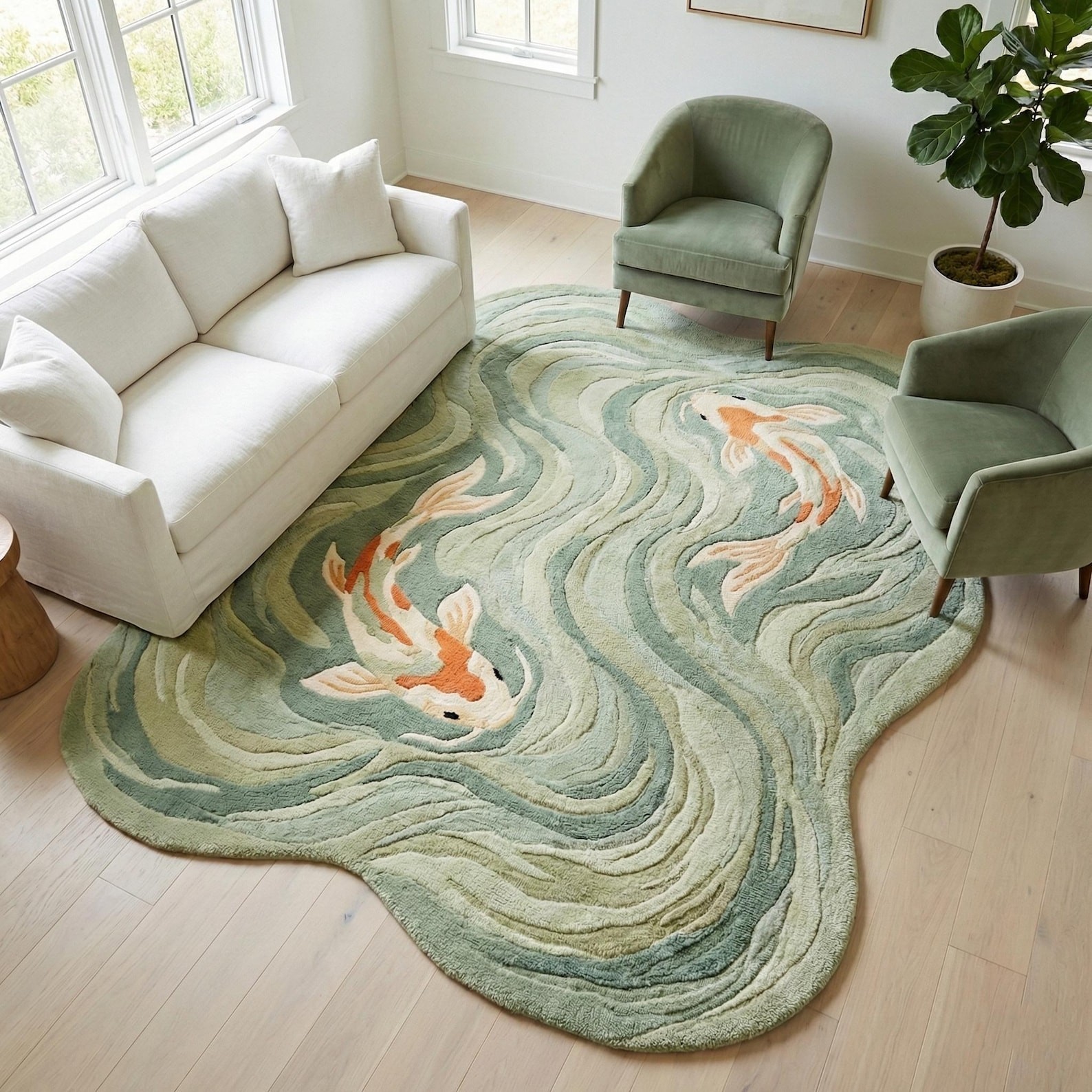 Modern 3D Carved Koi Fish Area Rug Irregular Organic Shape Sage Green Art Rug