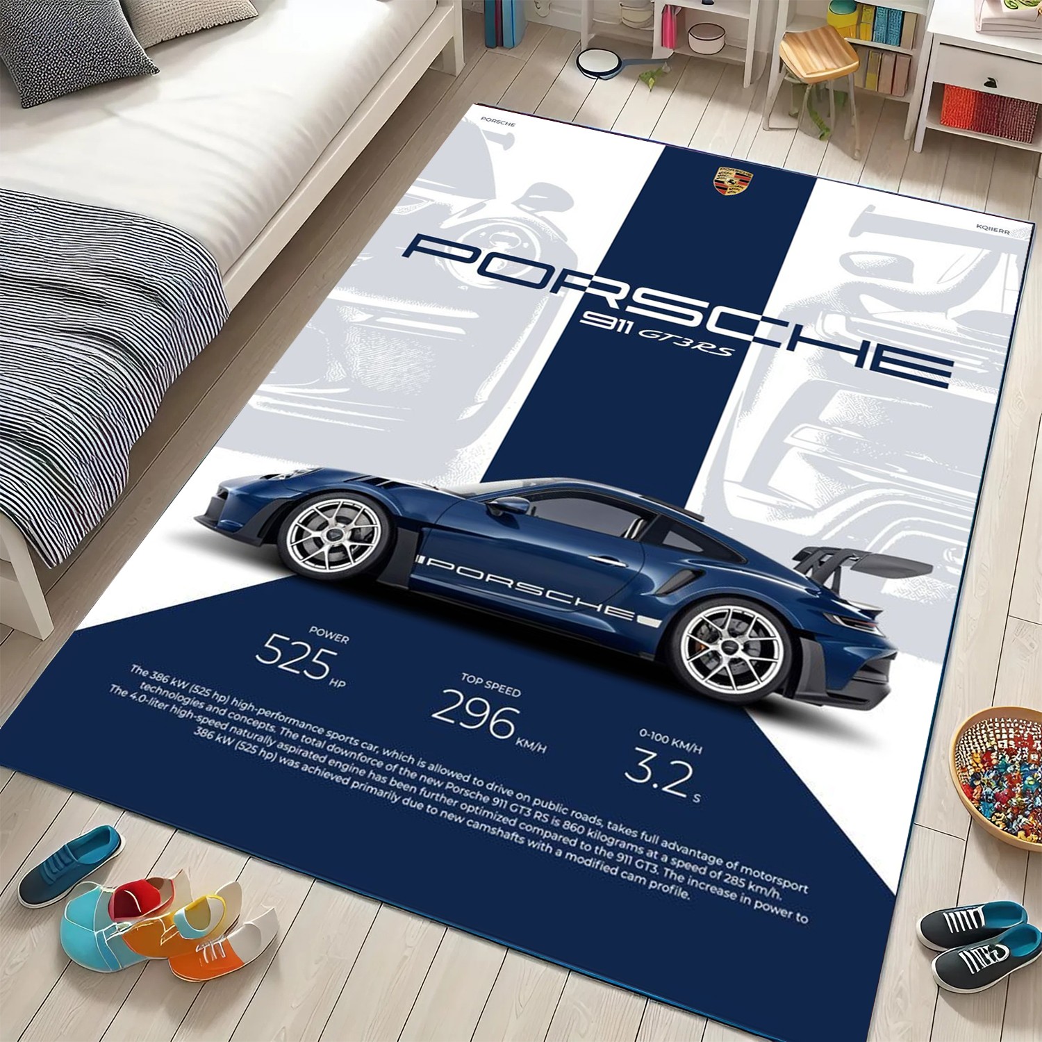German Precision Supercar Rug – Luxury Blue Sportscar Spec Sheet Floor Art