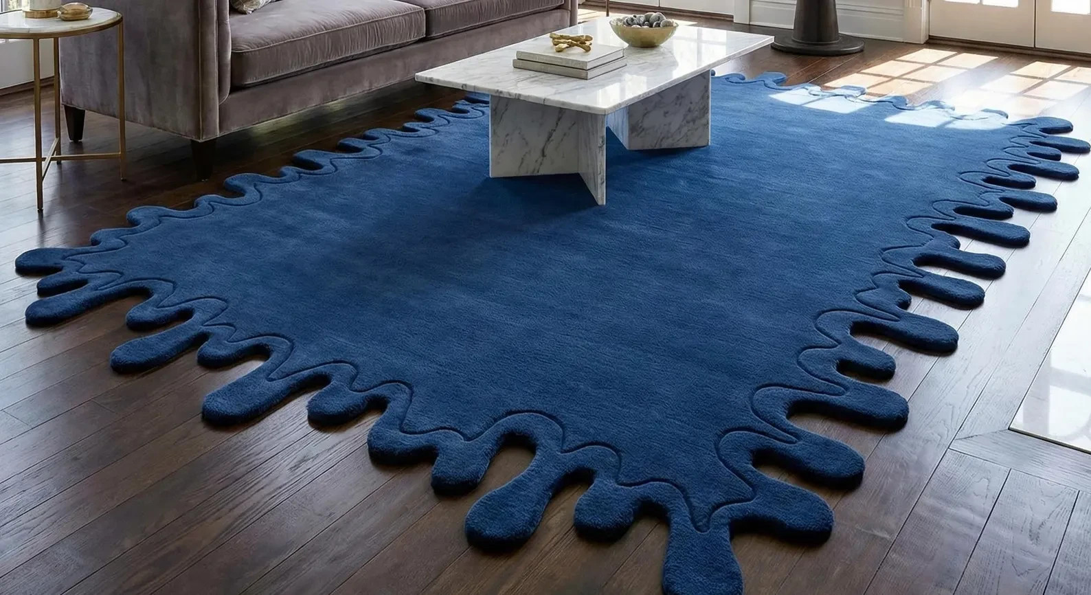 Modern Blue Abstract Area Rug Unique Irregular Edge Carpet Luxury Living Room