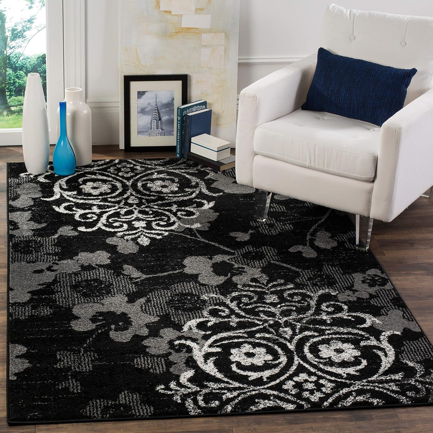 Adirondack Collection Area Rug – 9′ Square, Silver & Ivory, Floral Glam Damask D