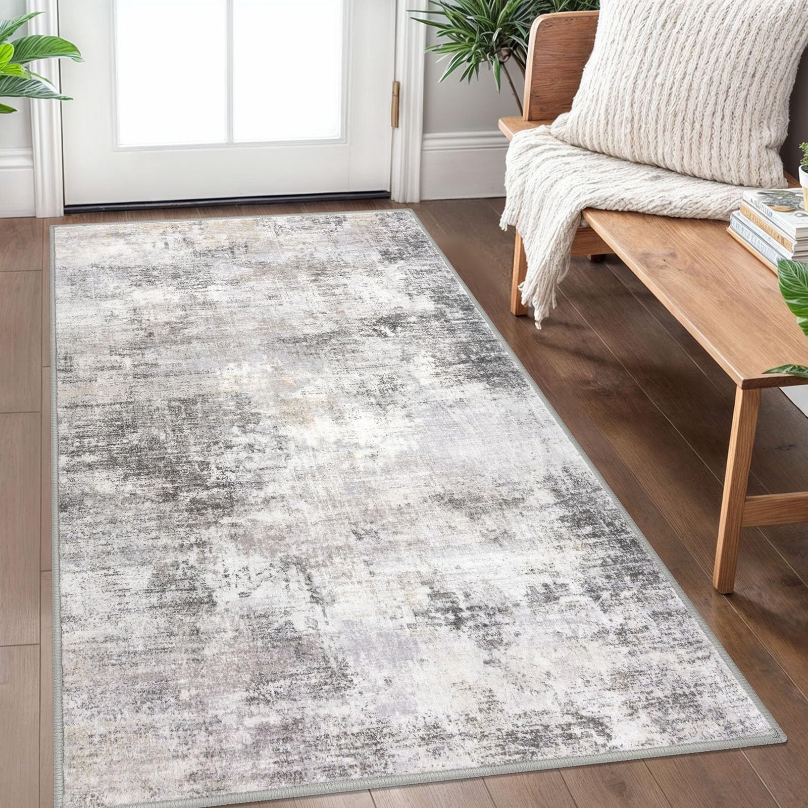 Grey Beige Abstract NonSlip Printed Faux Wool Area Rug Washable 3×5 Ft