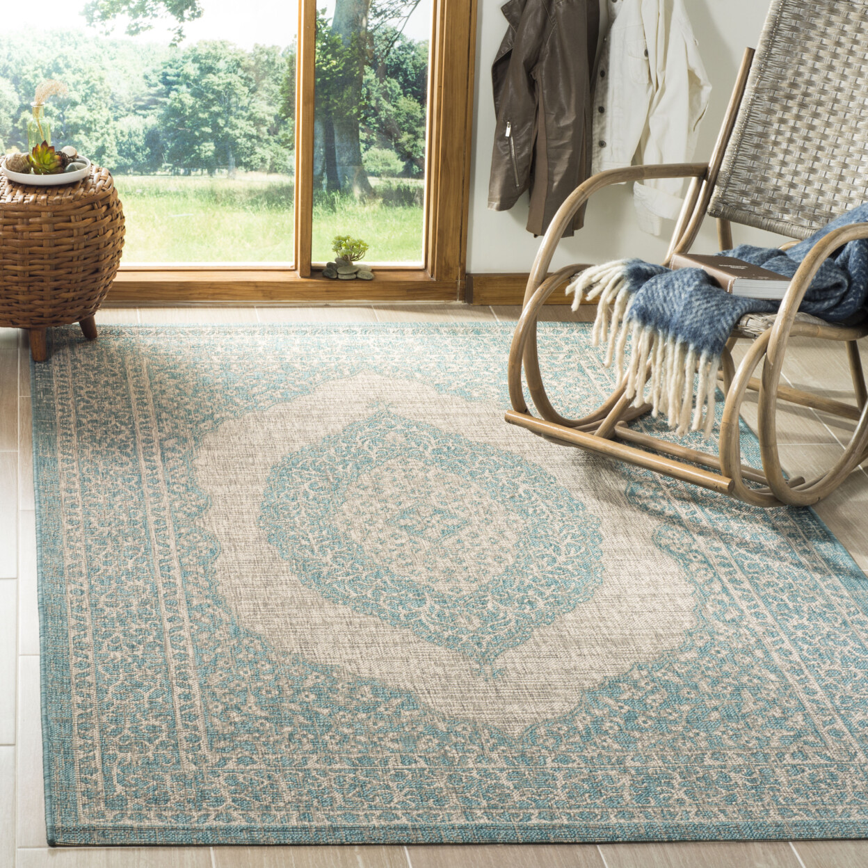SAFAVIEH Outdoor CY8751-37112 Courtyard Light Grey / Aqua Rug
