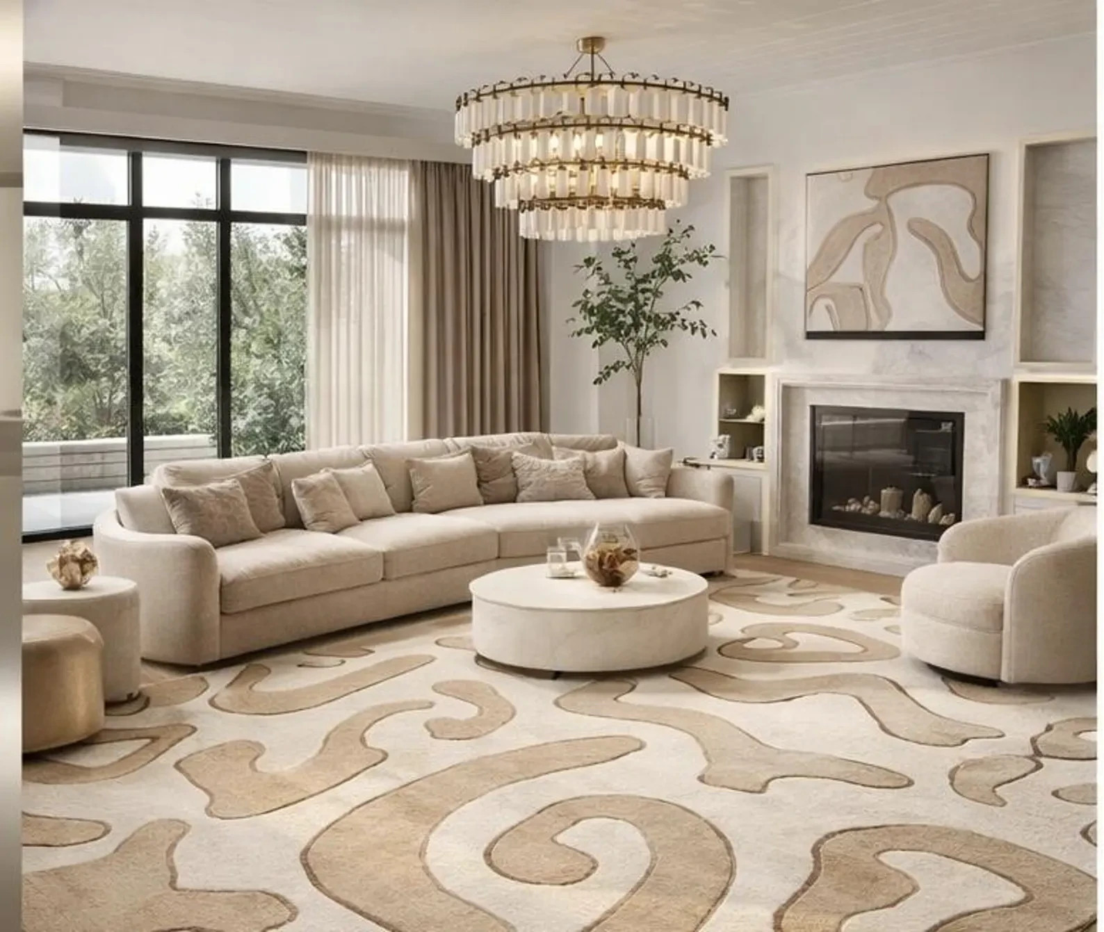 Hand Tufted Wool Area Rug, Abstract Beige Design, Modern Luxury Carpet living