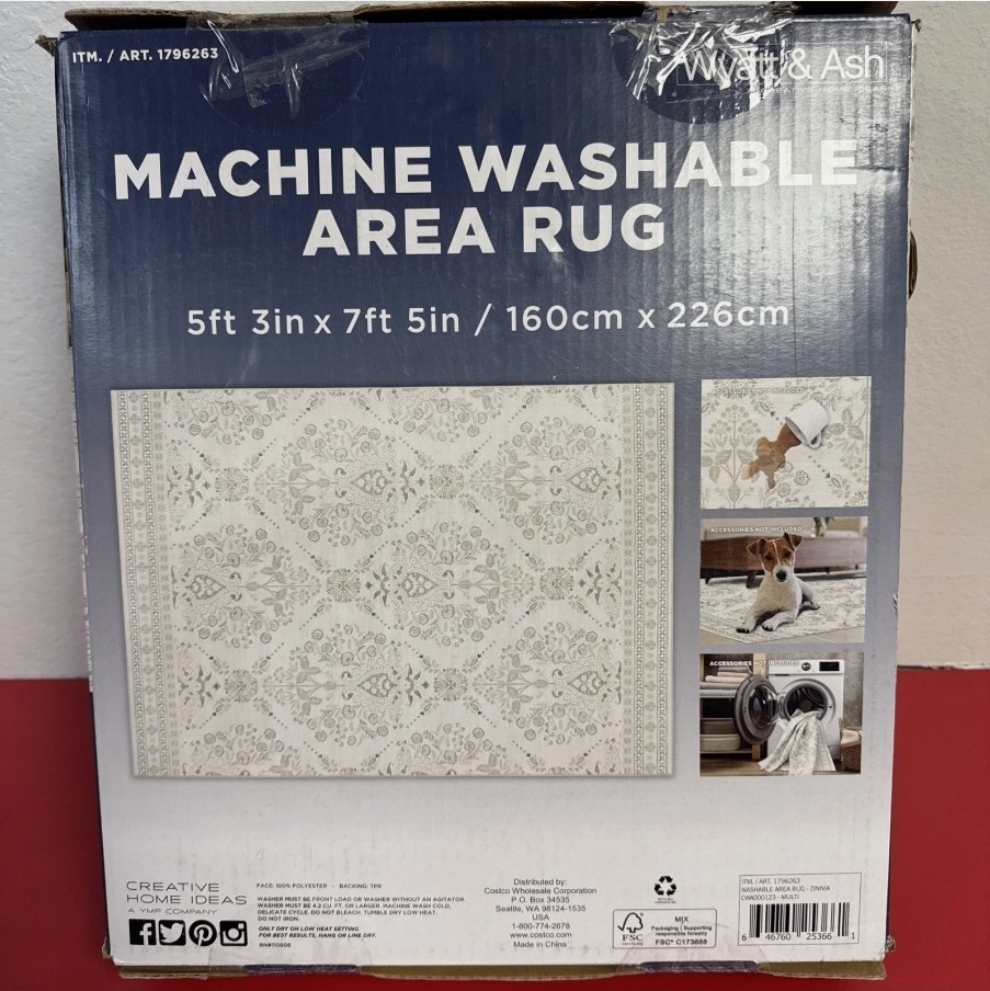 Wyatt & Ash Washable Area Rug Zinnia Beige Pattern 5’3″ X 7’5″
