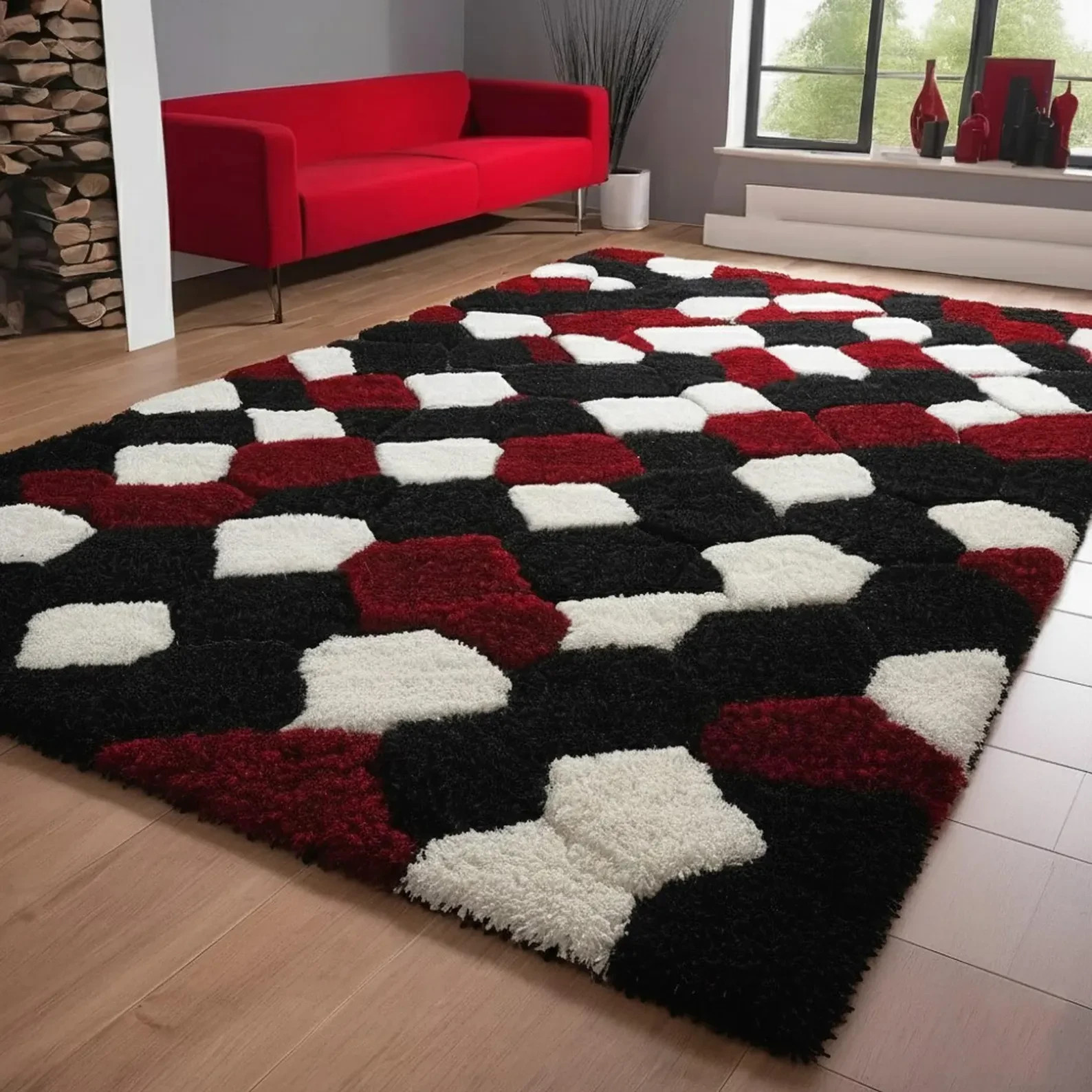 Geometric Shag Area Rug | Black, Red & White 3D Pattern