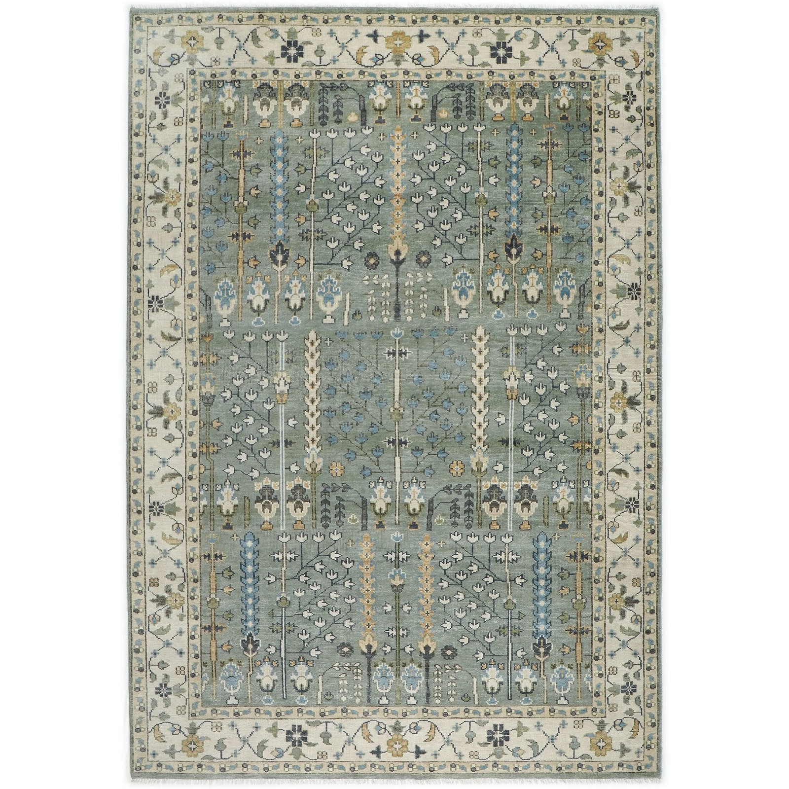 9’11”x14’1” Hand Knotted Wool Celadon, Beige Oushak Transitional Rug