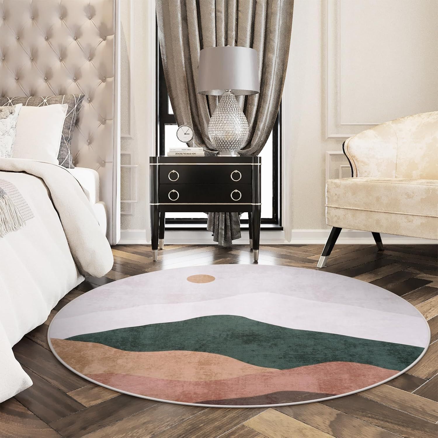 5Ft Abstract round Rug,Chic Washable Non-Slip Sun and Mountain Area Circle Rug,S