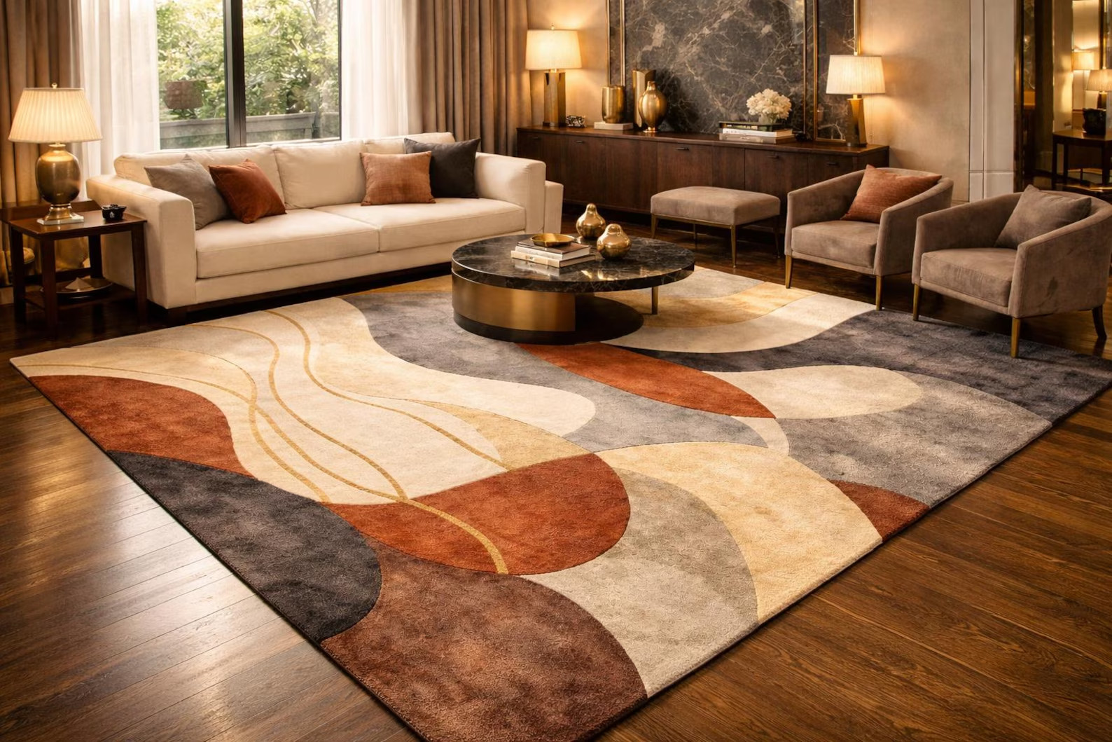 Hand-Tufted 8×10 Abstract Wool Rug, Beige Brown Grey Geometric Area Rug Carpet.