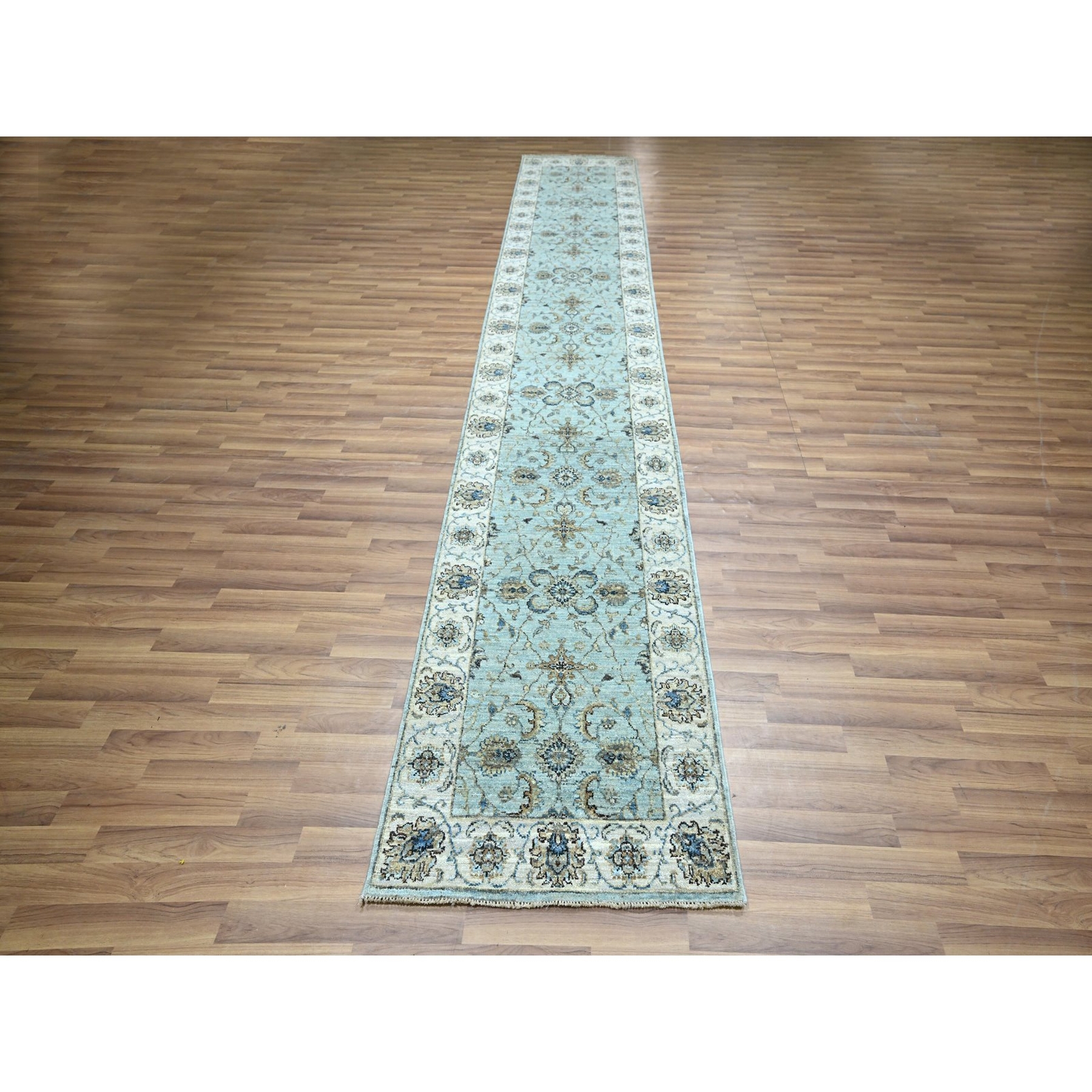 2’7″ x 14′ Sky Blue Agra Flower Vines Design Wool Hand Knotted Runner Rug R76116