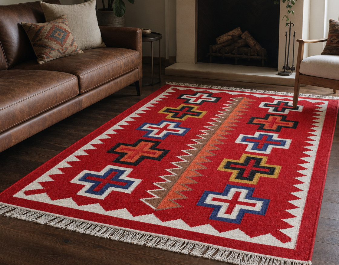 Handmade Wool Navajo Rug 4×6 Red Southwestern Aztec Cross Native American Rug