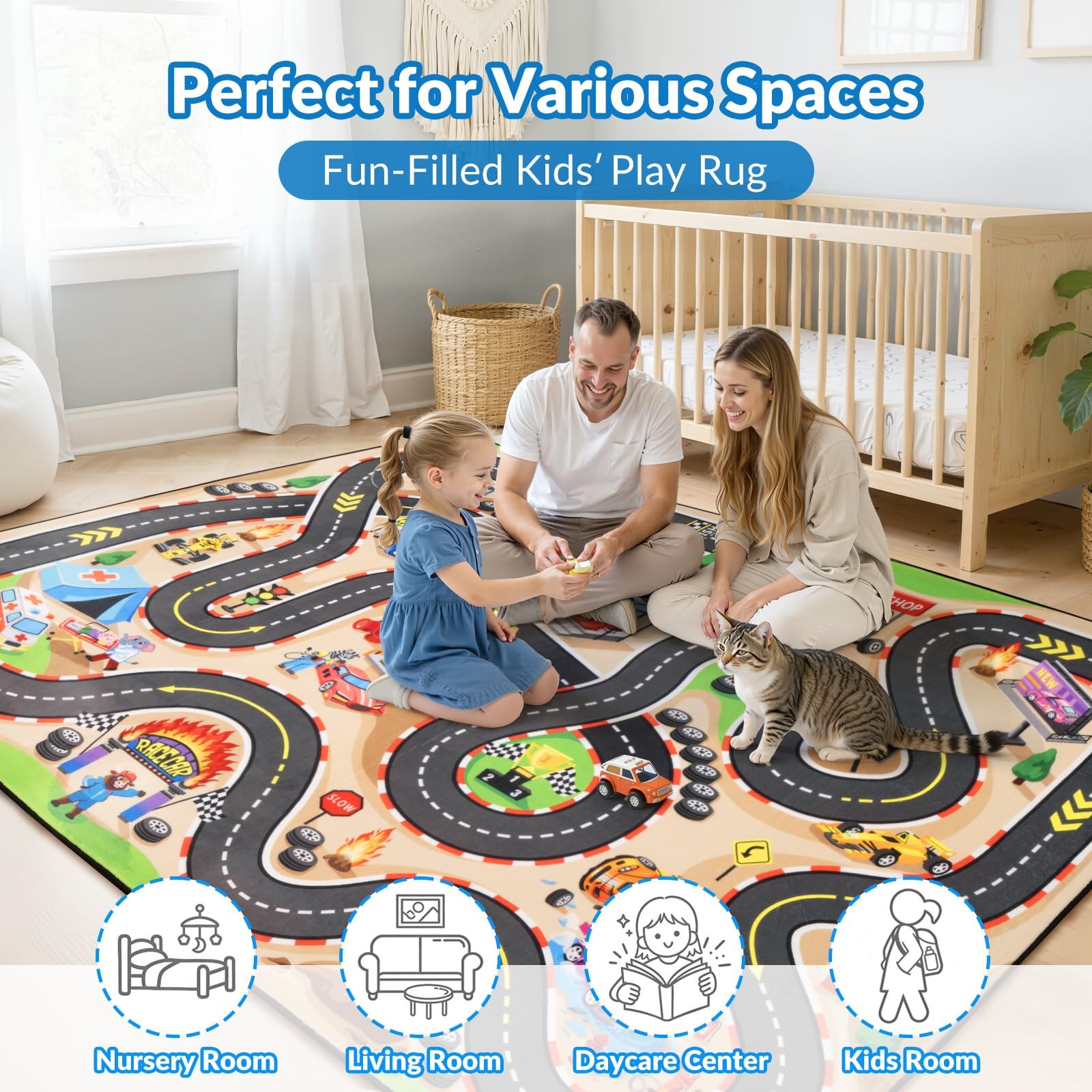 Kids Race Track Rug 6×9 Car Play Mat Road Carpet Soft NonSlip Playroom Nursery