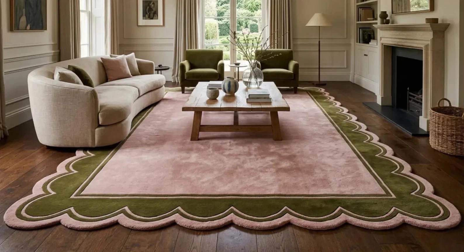 Luxury Scalloped Rug Pink Olive Green Hand Tufted Wool Border Living Room Carpet